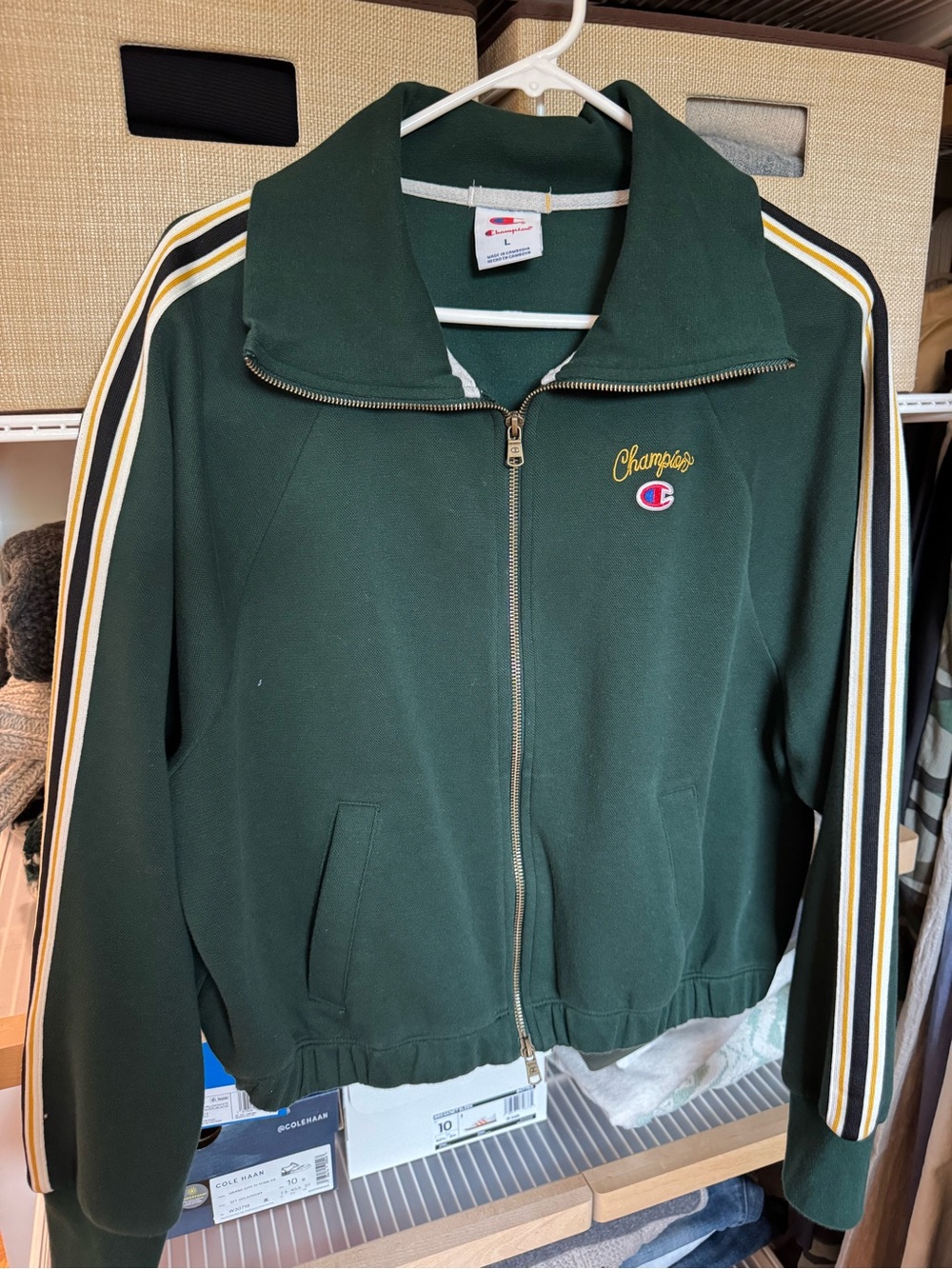 Champion Women’s Dark Green Zip-Front Varsity Jacket with Stripe Sleeves